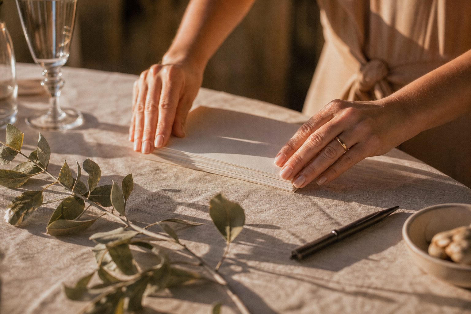 Planner's hands squaring paper run sheets on an ivory linen table in low golden hour light
