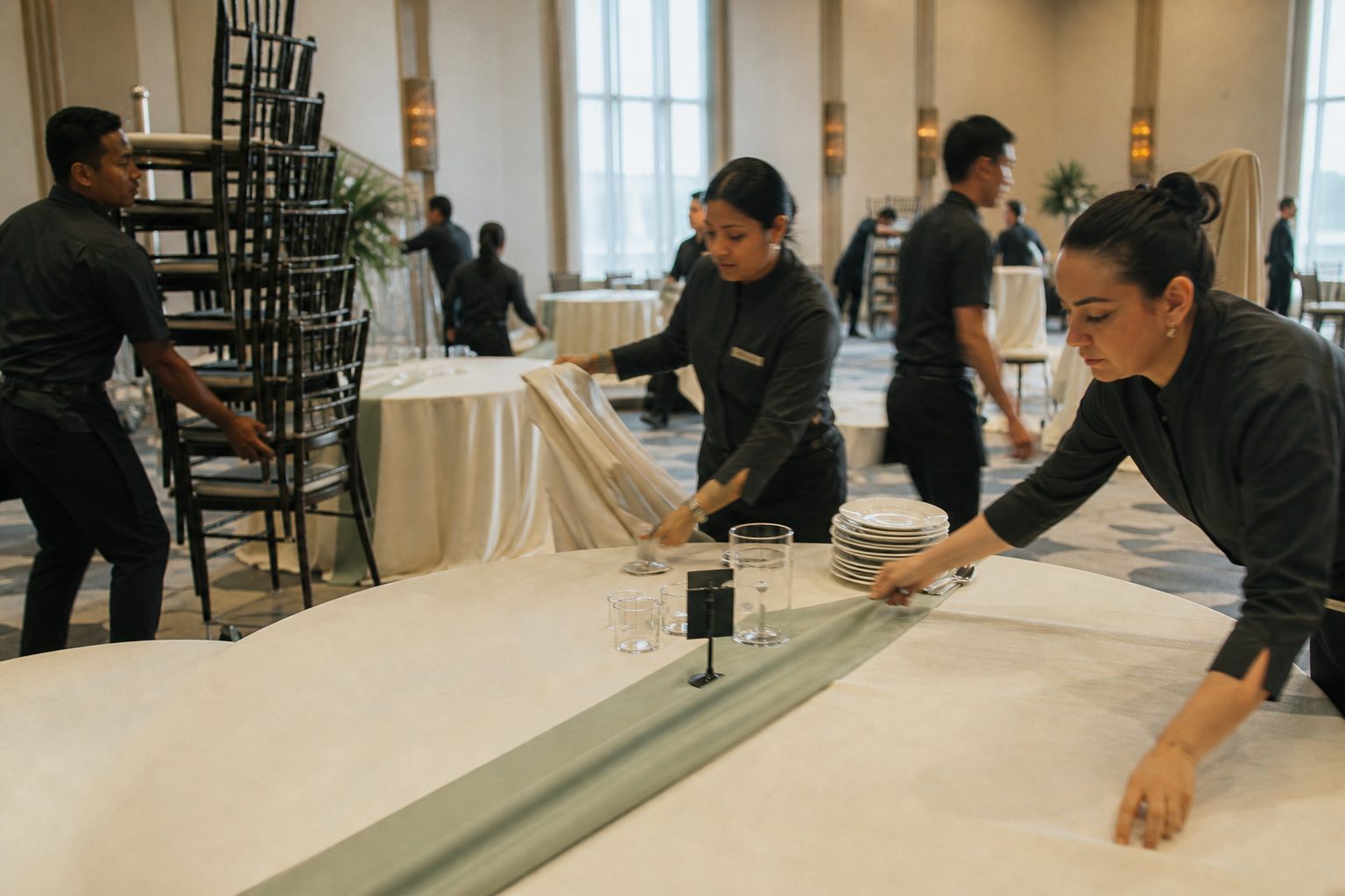 Banquet staff flipping a ballroom, dressing round tables as stacked chairs are moved