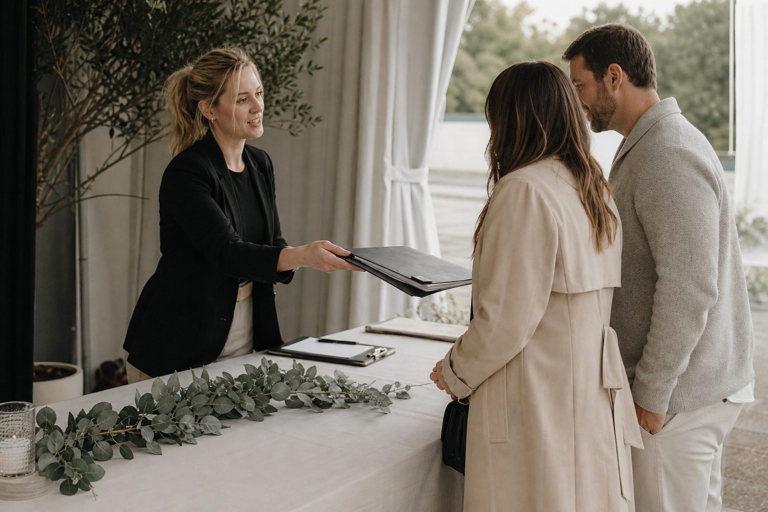 Venue manager passing a document folder across a check in table by a tent entrance