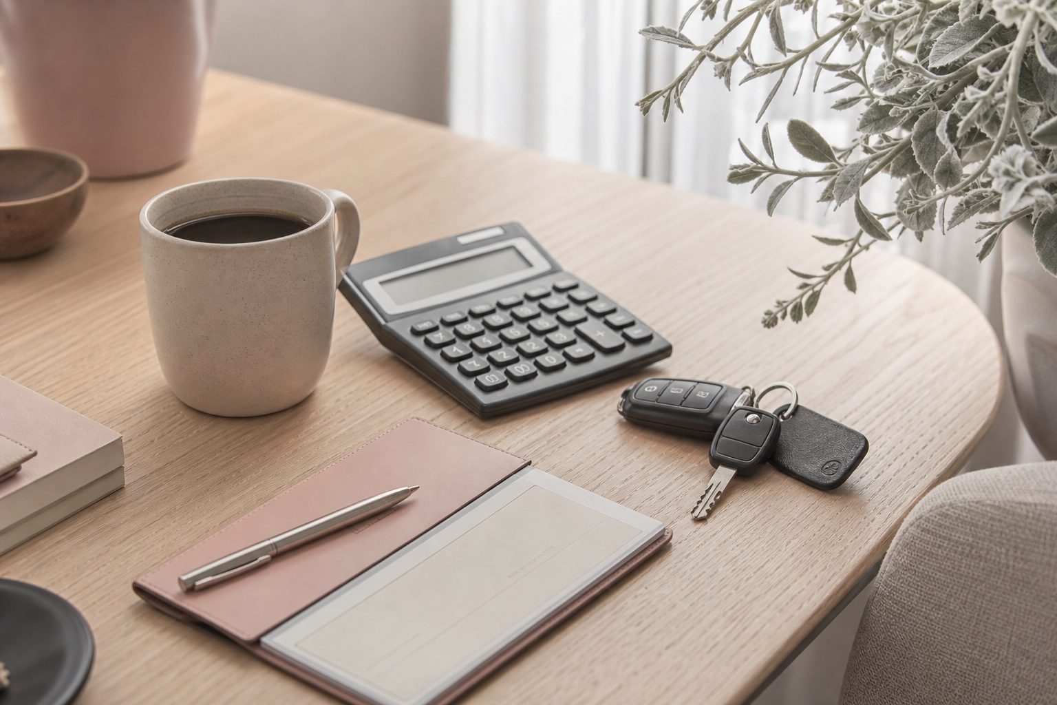Desk with a calculator, checkbook, car keys and coffee cup in soft morning window light