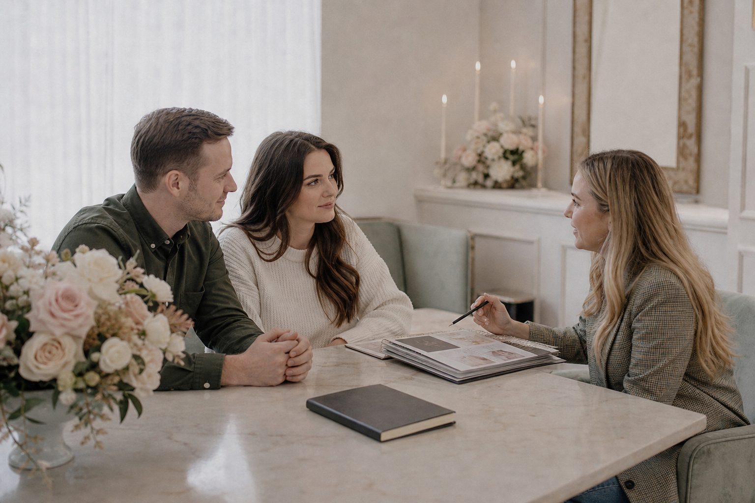 Wedding planner and a couple talking across a pale marble table in soft window light