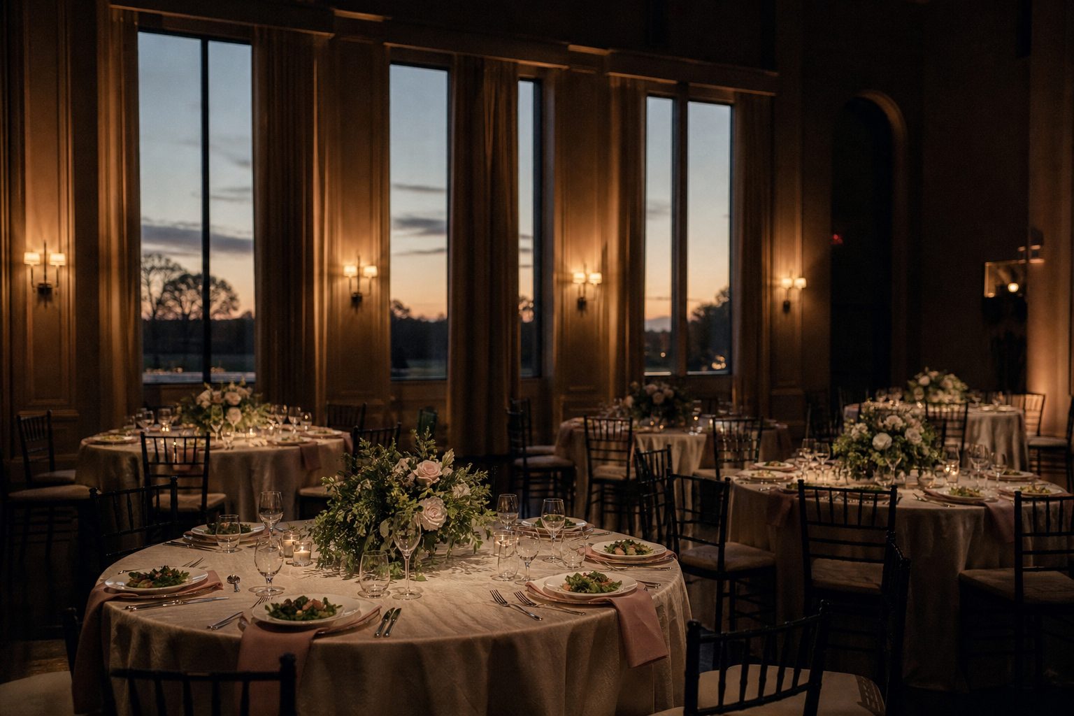 Empty ballroom at dusk with plated dinners waiting on ivory linens under low warm lamps