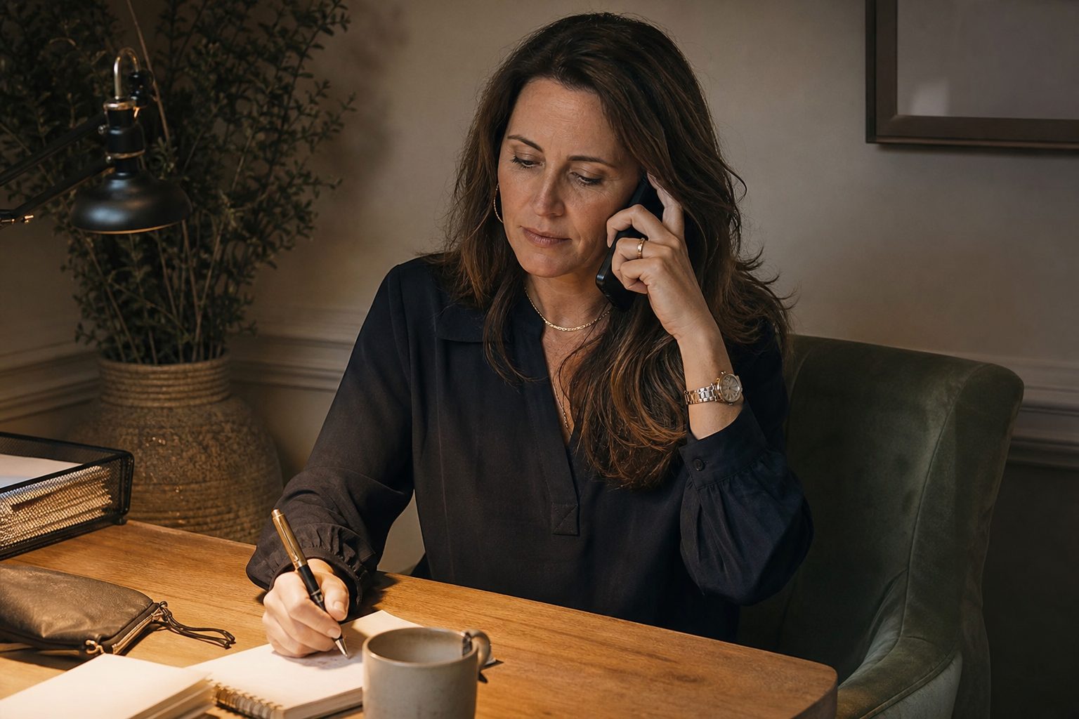 Coordinator on a phone call at a small desk, pen poised over a notepad in lamp light