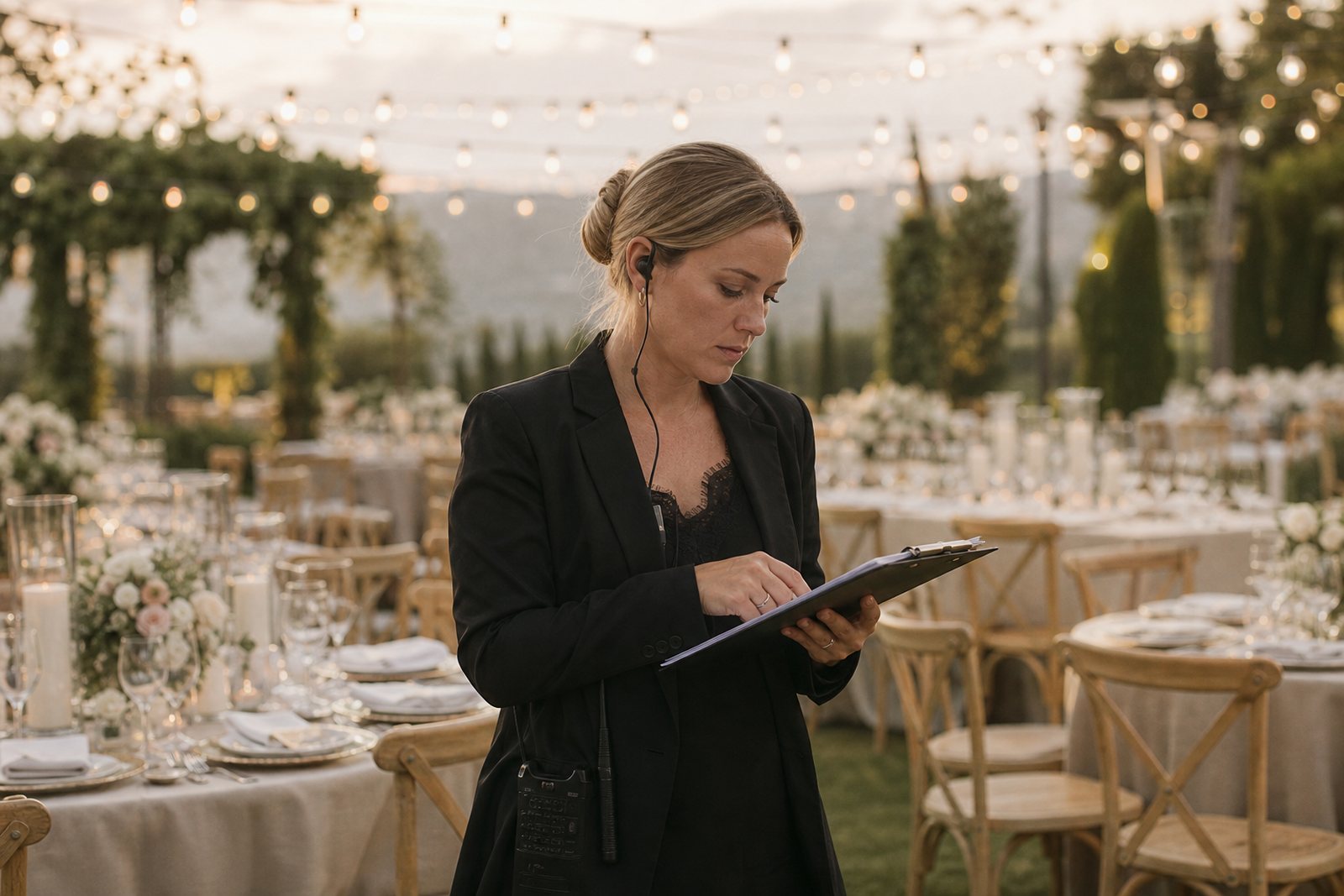 A wedding coordinator with a clipboard and earpiece checking the run of show at a golden hour outdoor reception with string lights and set tables