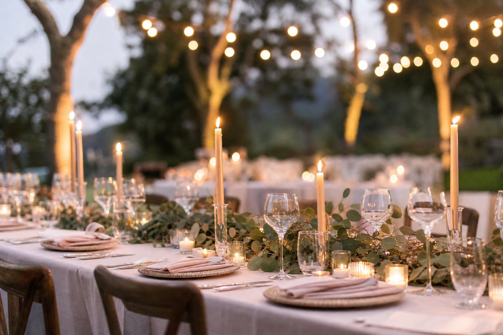 An outdoor wedding reception table set at dusk with eucalyptus, taper candles and blush linens under string lights